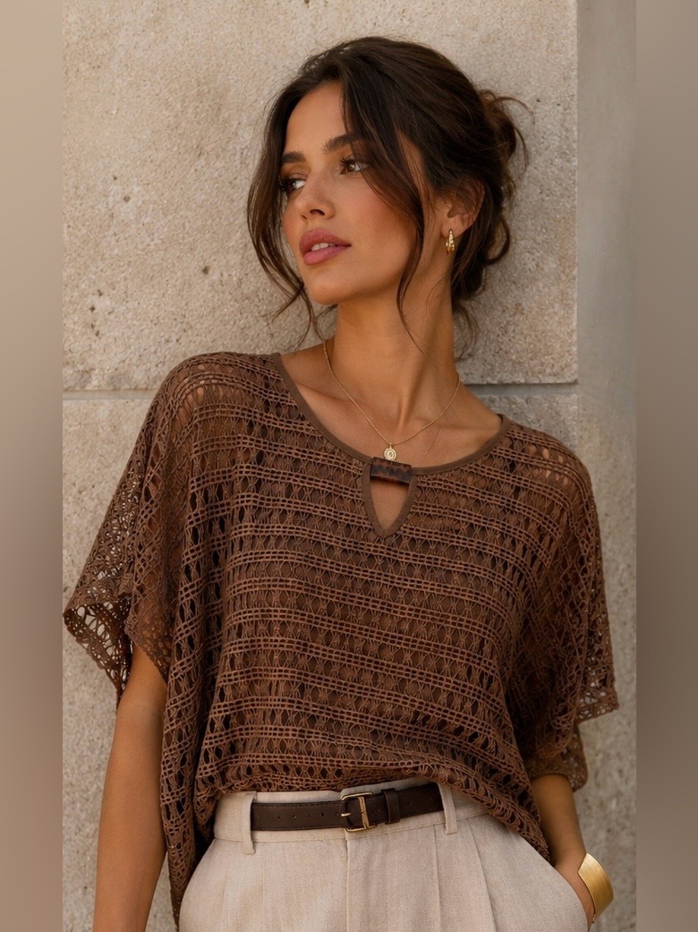 NAIF Taupe Crochet Knit Blouse with Tortoiseshell Accent